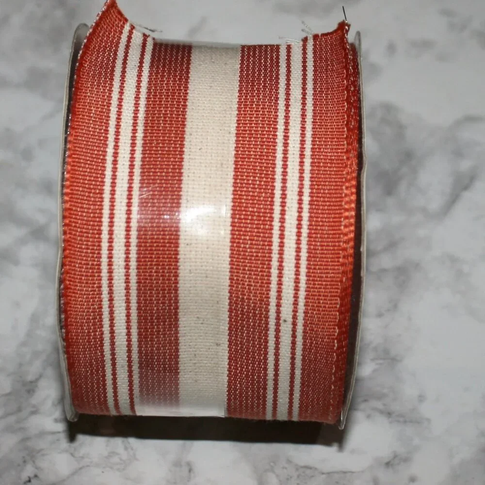 RIBBON #1437 - Woven Fabric Red White Stripe Wire Edge - 2 1/2 x 25 ft